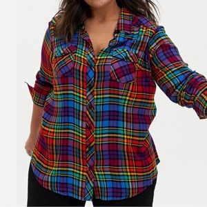 TORRID Rainbow Plaid challis button-down long sleeve shirt size 1/1X (14/16)